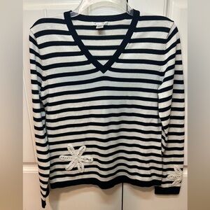 Casual Corner Women’s Black and White Striped V-neck Sweater- Size Medium